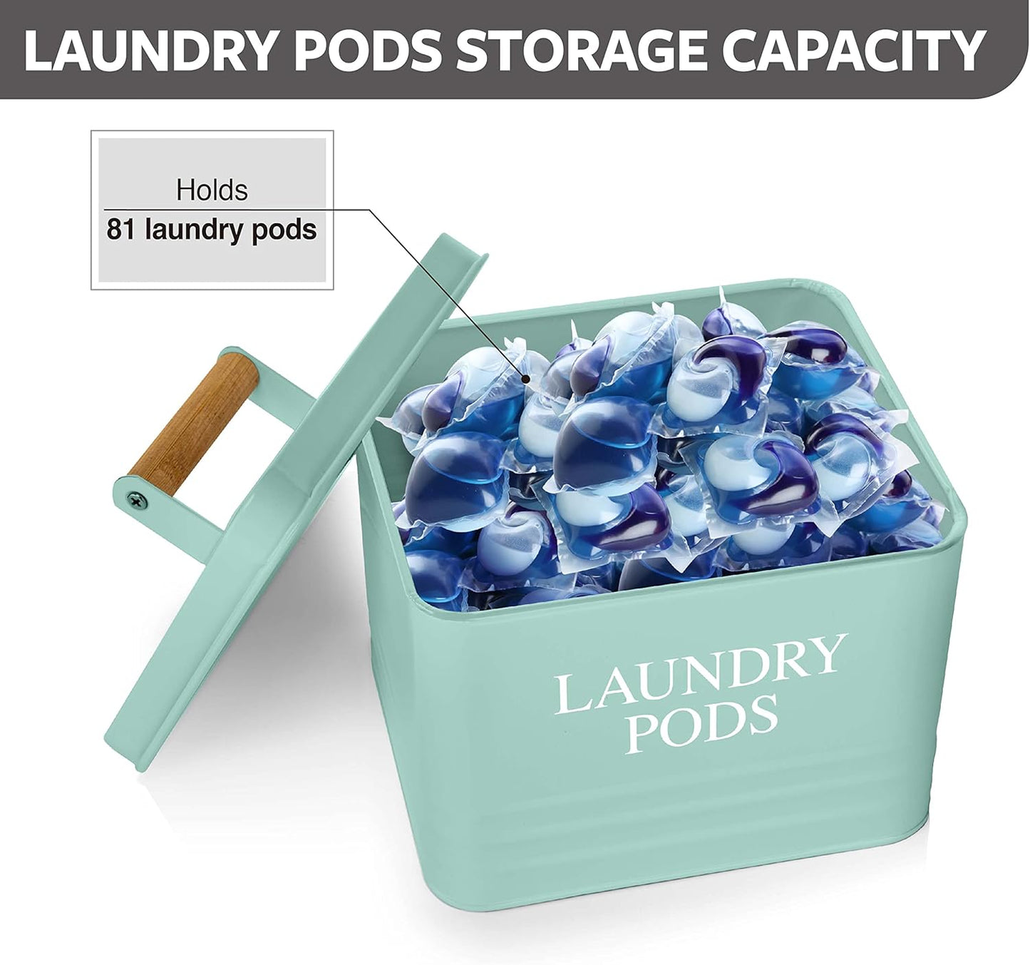 Calindiana Modern Farmhouse Metal Laundry Pods Holder Container with Lid for Laundry Room Decor and Accessories and Space Saving Organization and Storage, Holds 81 Laundry Pods, Mint