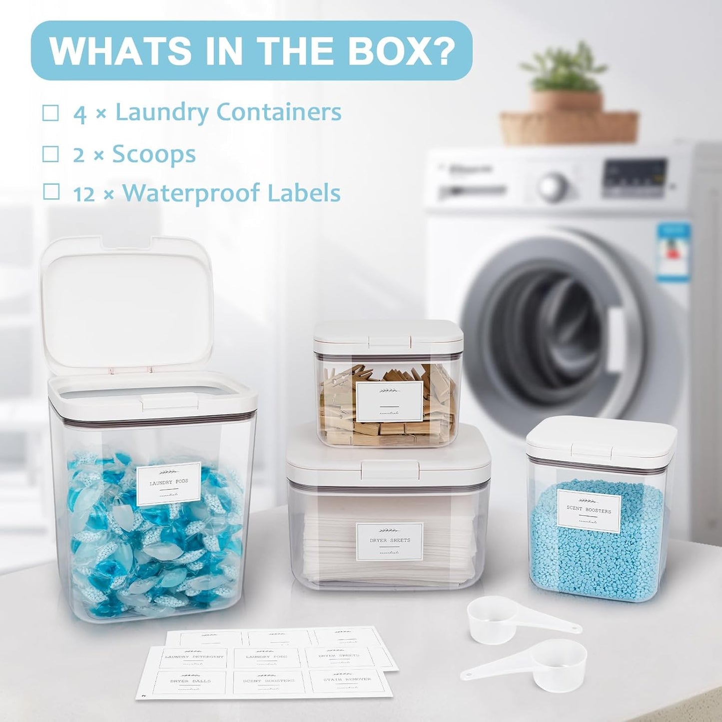 4 Pack Stackable Laundry Pods Container & Dryer Sheet Holder with Pop-Up Lids & Labels, Sealing Laundry Room Organization and Storage Jars for Powder, Scent Bead, Dryer Balls