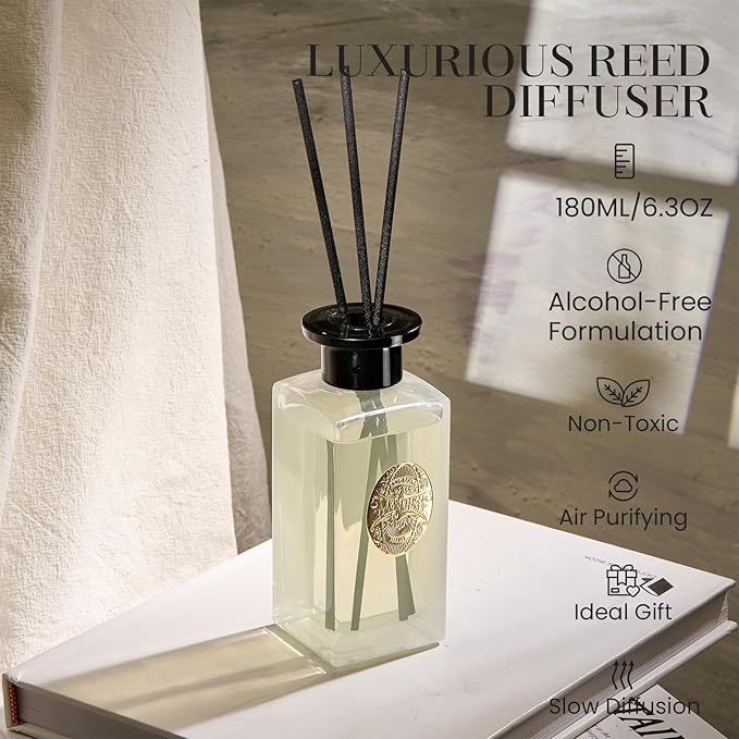 M&SENSE 6.3 oz Large Reed Diffuser Set | Jasmine Garland Scent Oil Diffuser with Sticks | Hotel Collection Non-Toxic Essential Oil |for Bedroom Bathroom Living Room
