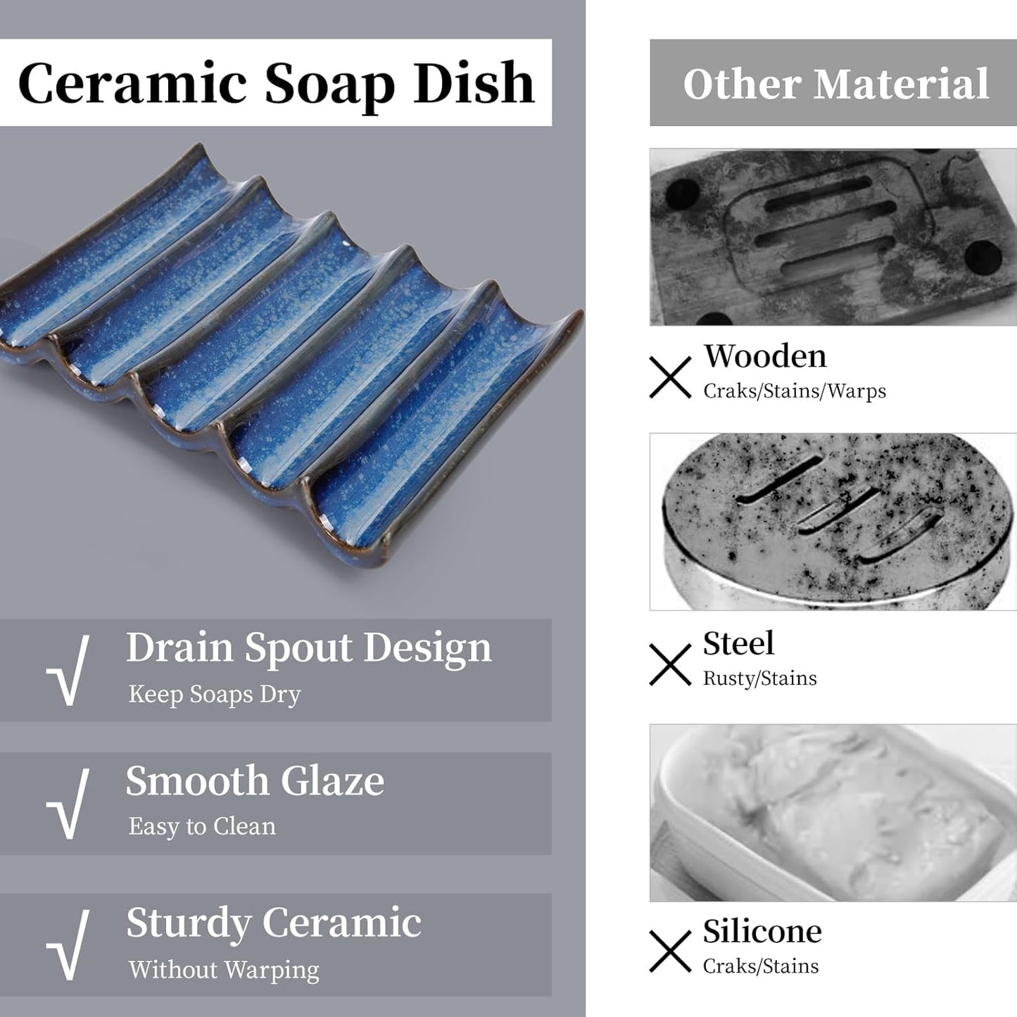 Ceramic Soap Dish, Bar Soap Holder with Self Draining Design, Large Soap Tray for Shower, Sink, Countertop, Bathroom & Kitchen, ANTIS'S HOME (Blue)