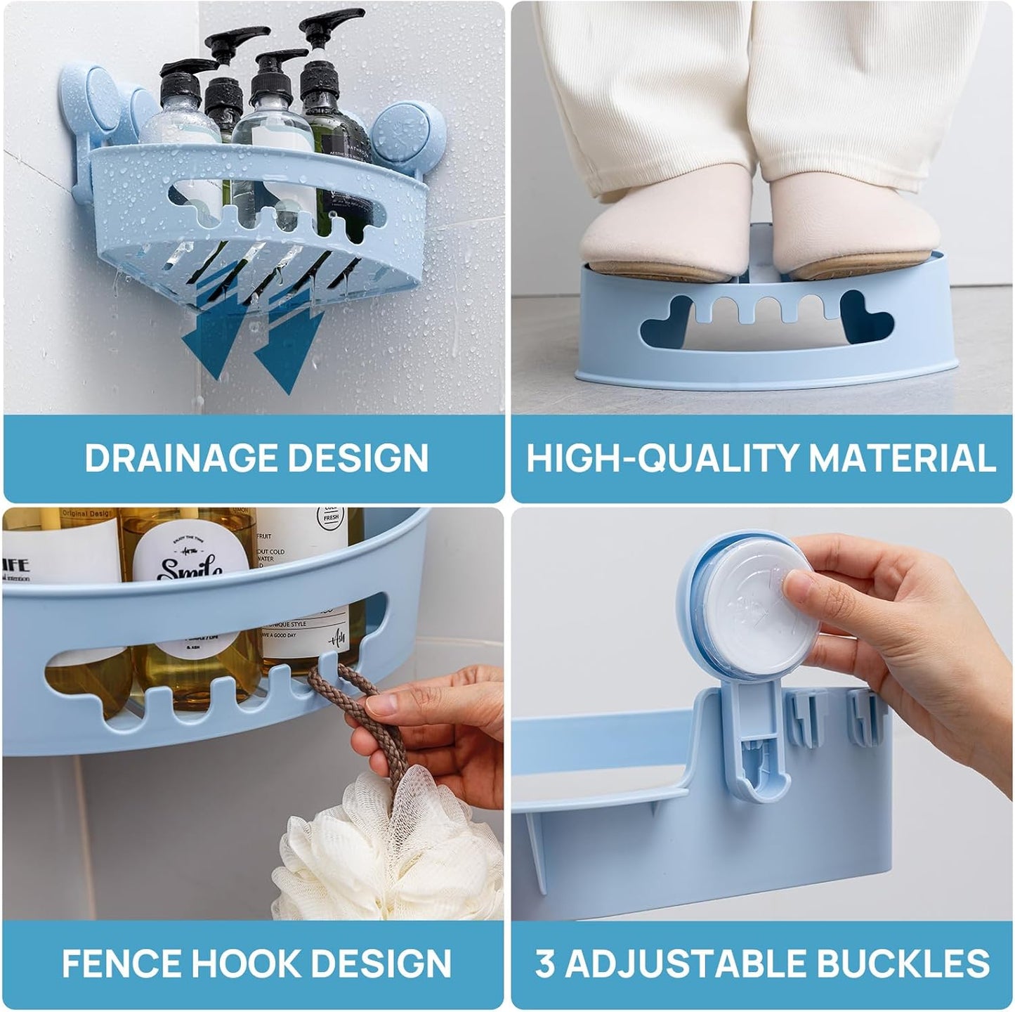 LEVERLOC Corner Shower Caddy Suction Cup, Shower Caddy Basket Powerful Suction Bathroom, Waterproof & Rustproof Organizer for Bathroom Storage, No-Drilling Removable (Blue)