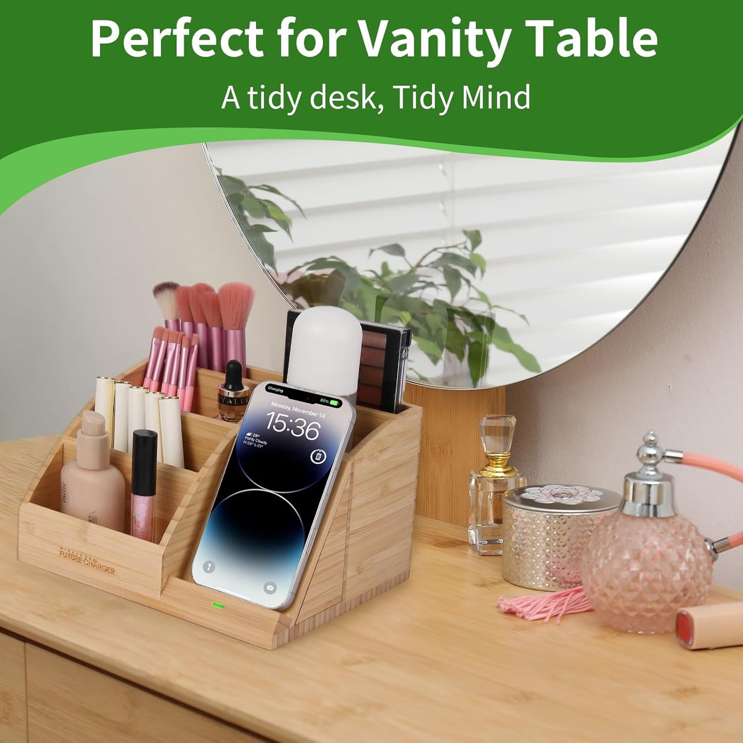 Bamboo Pen Holder for Desk & Nightstand Organizer with Fast Wireless Charging for iPhone, Samsung & More – Office Desk Accessories for Men/Women (Natural)