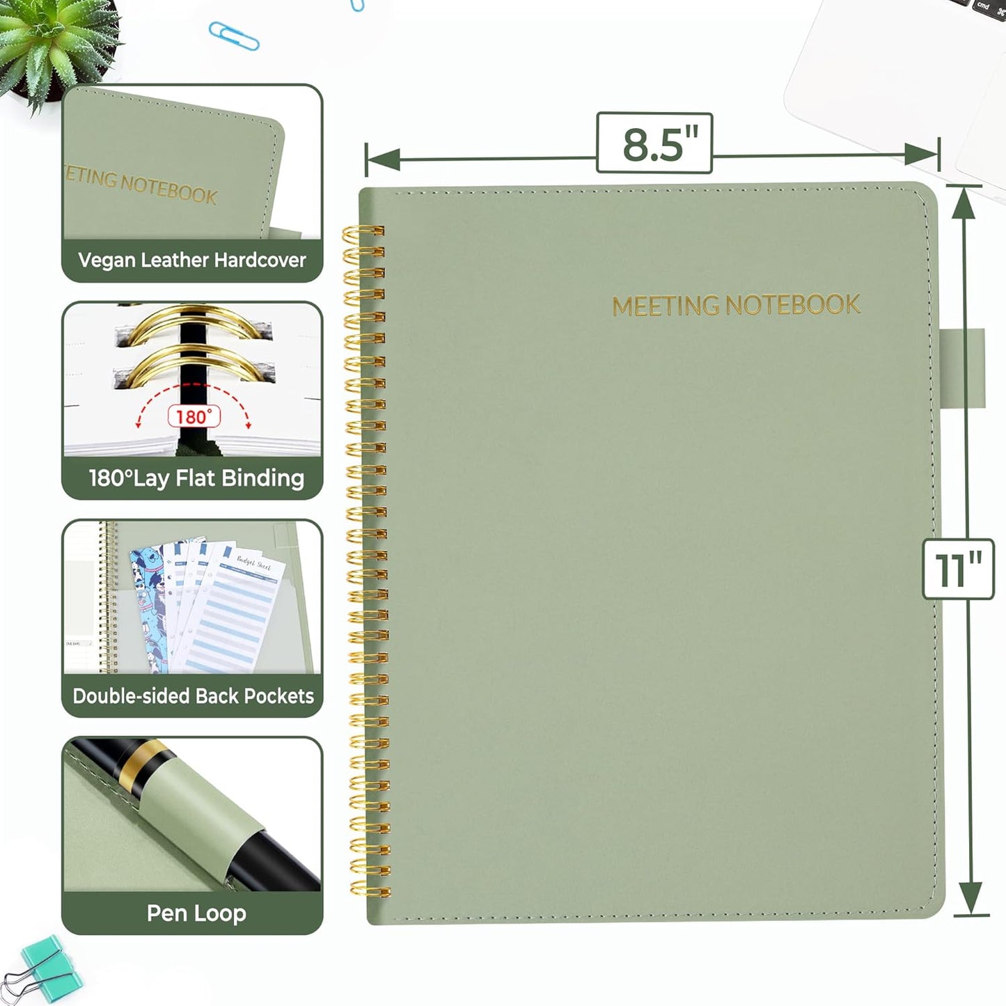 SUNEE Half Meeting Half Note - 8.5"x11" Professional Notebooks for Work - 160 Pages, A4 Size Project Planner, Spiral Meeting Agenda Organizer for Women Men, Note Taking,Office with Vegan Leather Cover