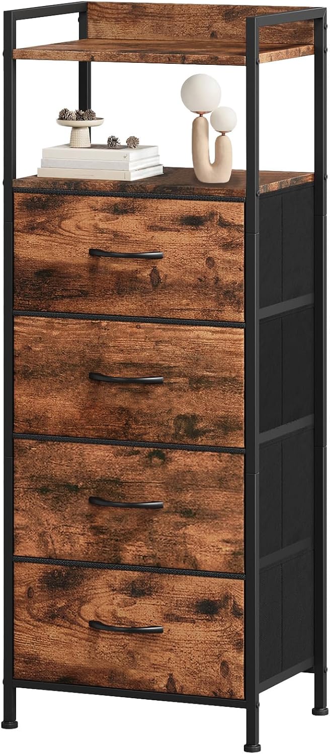 Somdot Night Stand with 4 Drawers, Vertical Storage Tower Fabric Dresser for Bedroom, Nightstand Bedside Table Furniture, Sturdy Steel Frame, Wooden Top & Easy Pull Fabric Bins, Wood Grain Print