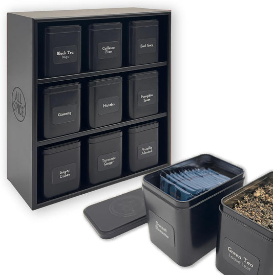 AllSpice Tea Organizer Rack with 9 Tins & 160 Magnetic Labels – Perfect for Bagged & Loose Leaf Tea Organization - Black