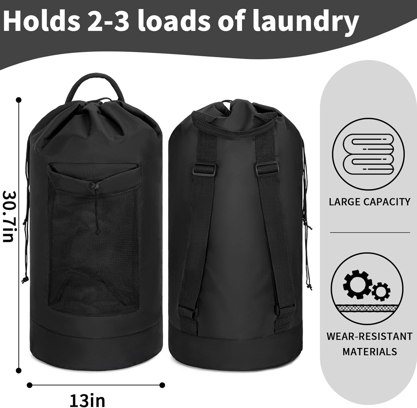 Laundry Bag Backpack with Shoulder Straps and Mesh Pocket Foldable Clothes Hamper Bag with Drawstring Closure for College, Apartment, Laundromat (Black)