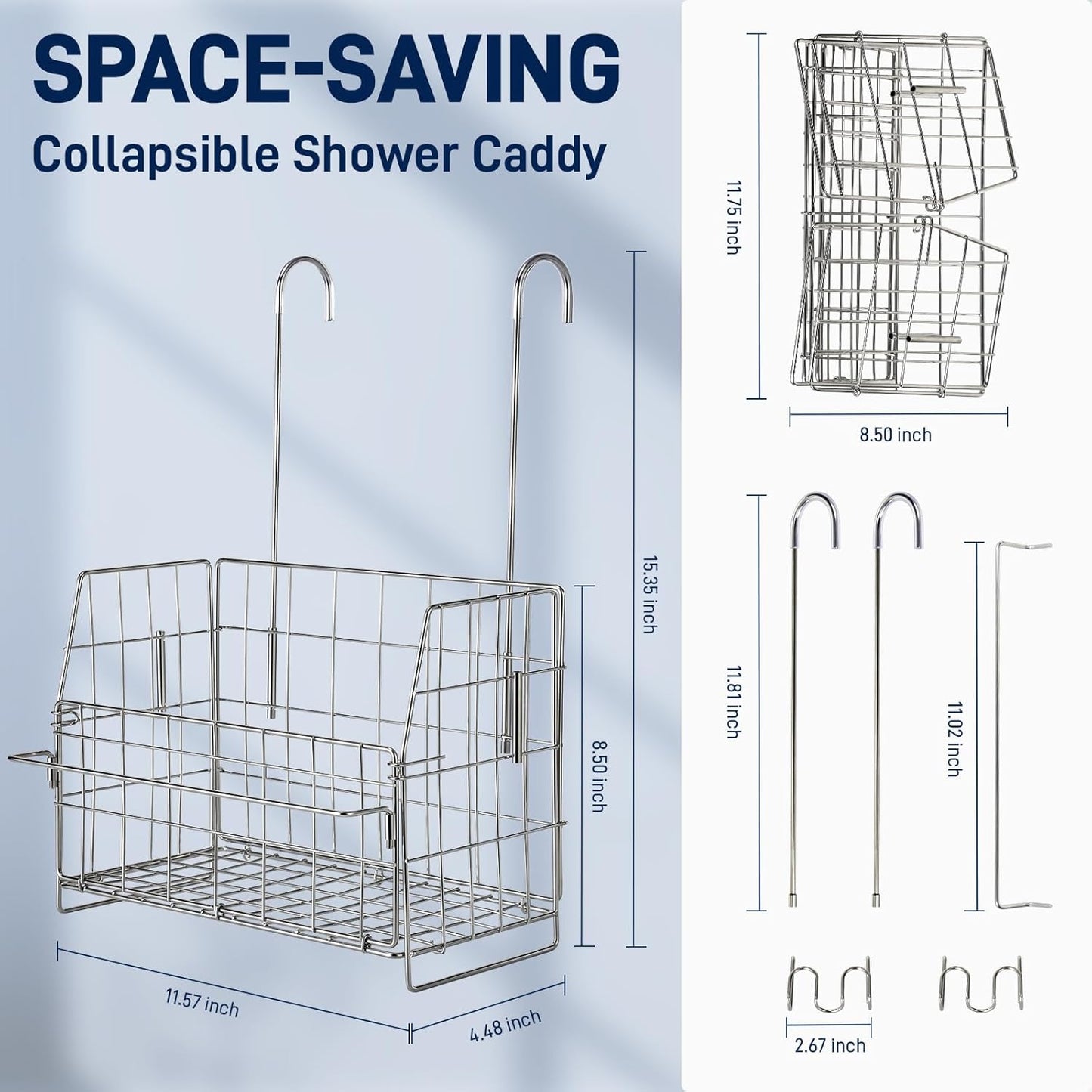 Hanging Shower Organizer, Shower Caddy Hanging, Bathroom Storage Rack with Hooks Over the Door, Stainless Steel Rustproof Bathroom Basket Shelf for Bath Faucet or Cross Bar
