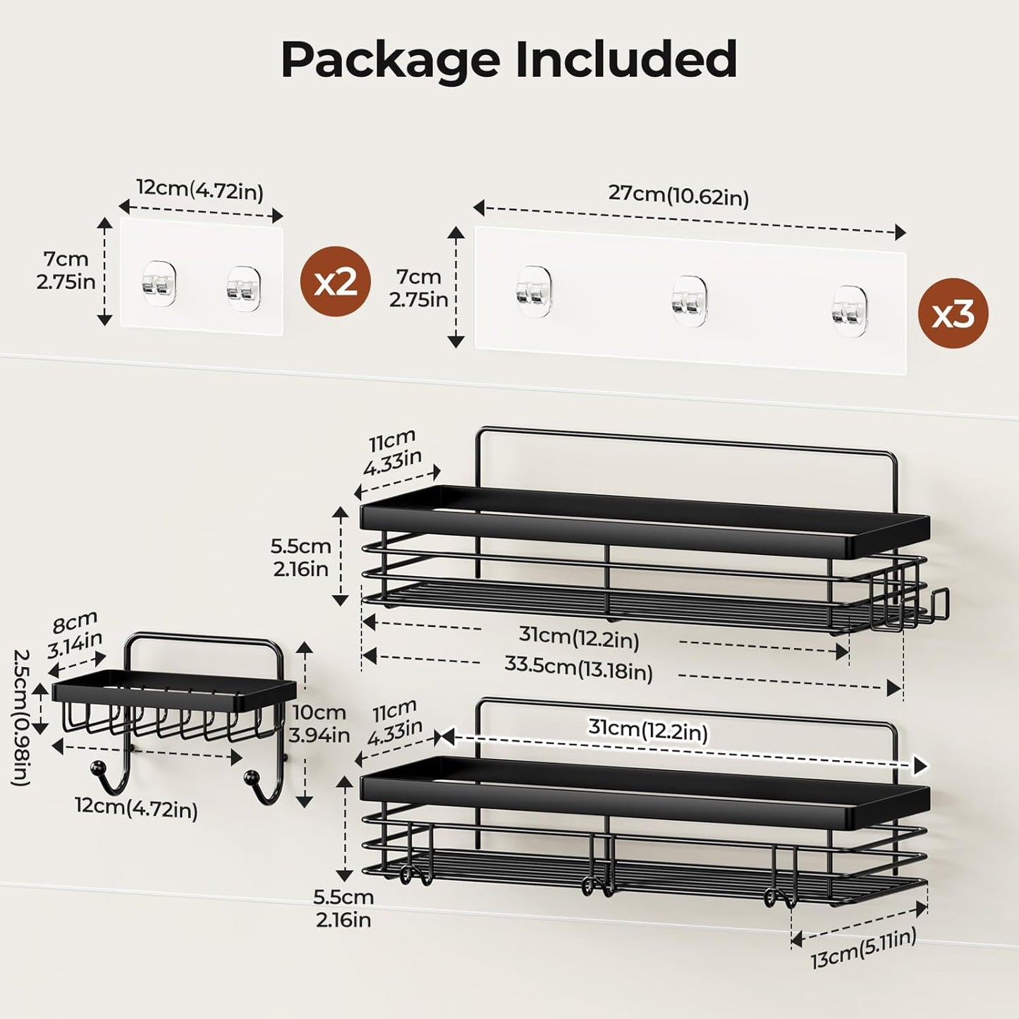 Orimade Adhesive Shower Caddy Soap Dish Holder Shelf with 5 Hooks Bathroom Organizer Basket Kitchen Storage Rack Wall Mounted No Drilling Stainless Steel - 3 Pack, Black