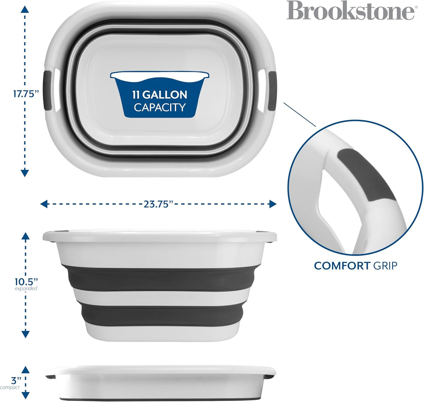 BROOKSTONE, Large Collapsible Laundry Basket [11 GALLONS] with Comfort Non-Slip Grip Handles, Minimalist Space Saving Design, Portable Pop-Up Hamper, [BPA FREE], White and Black