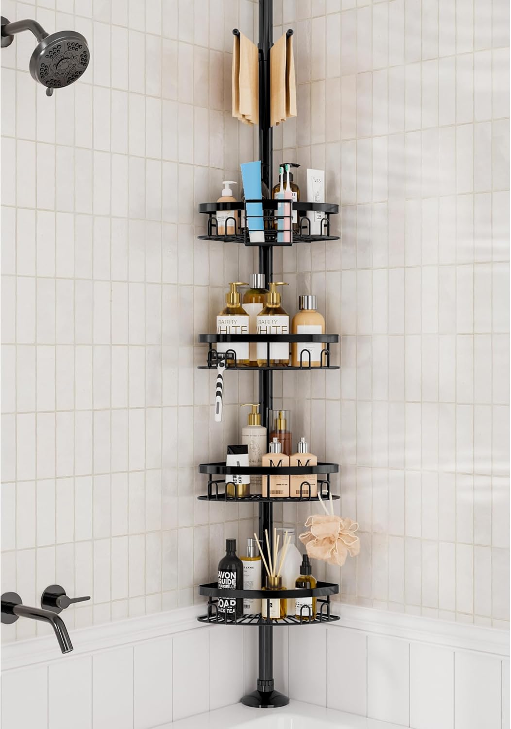 Rustproof Corner Shower Caddy Freestanding Tension Pole, 4 Large Baskets for Bathtub Shampoo Storage Organizer Bathroom Height Adjustable Shelves from 23.6 to 114.5 Inch with Towel Bar