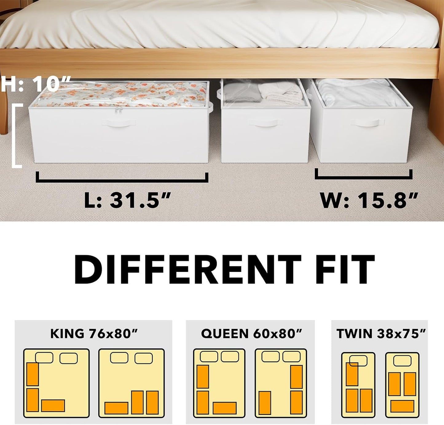 SpaceAid 3 Pack 10" High Under Bed Storage Containers, Large Underbed Storage Organizer Bins with Lids for Bedroom, Dorm, Clothes, Closet Organization, Bed Sheets and Blankets (White)