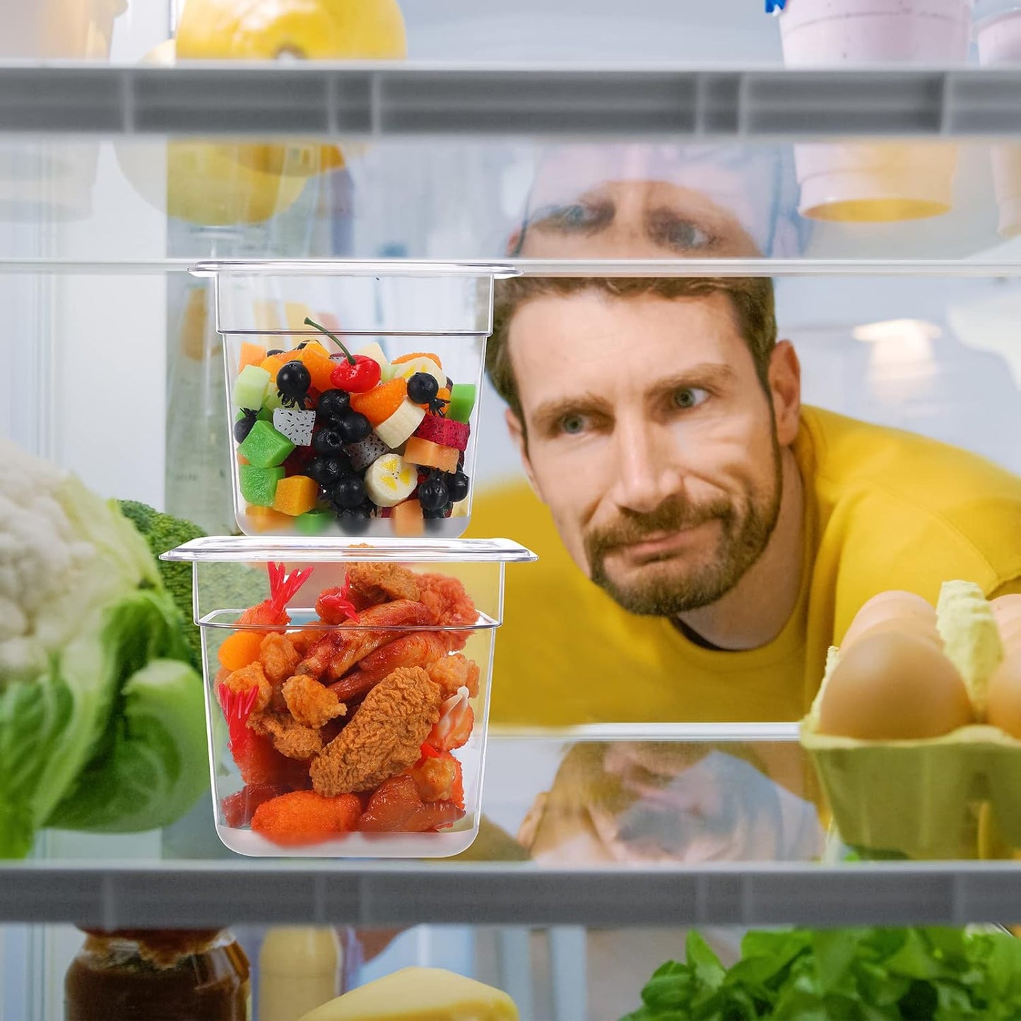 Yinder 24 Pcs Plastic Clear Food Pans 1/6 Size Stackable Polycarbonate Food Containers with Capacity Indicator Restaurant Commercial Hotel Pan for Fruits Vegetables Beans Corns (6'' Deep)