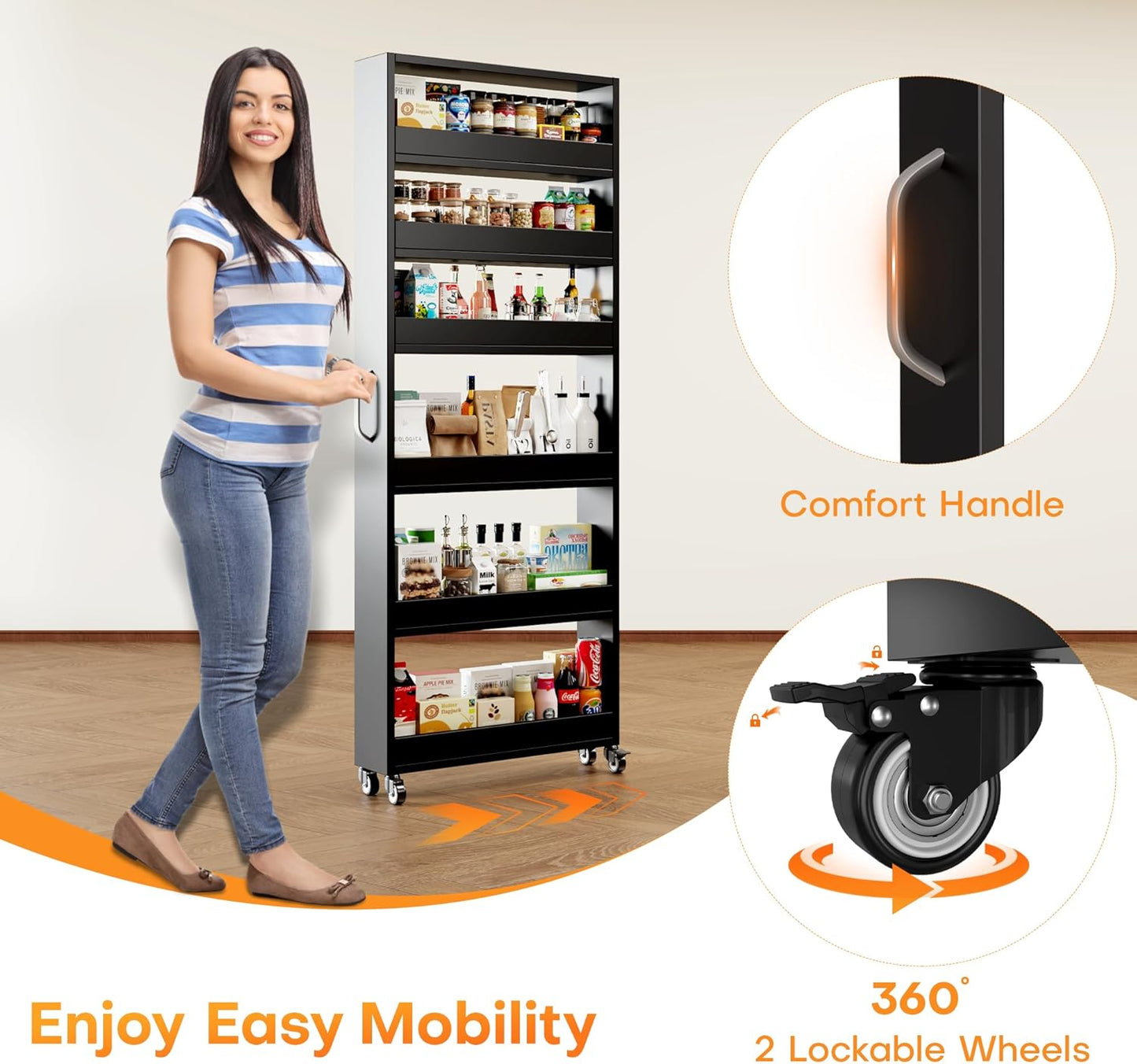 Slim Storage Cart, Lightweight 6 Tier Metal Rolling Utility Kitchen Cart on Weeels, Mobile Storage Shelving Unit Organizer for Bathroom Laundry Office Narrow Places (Black, 6" D)