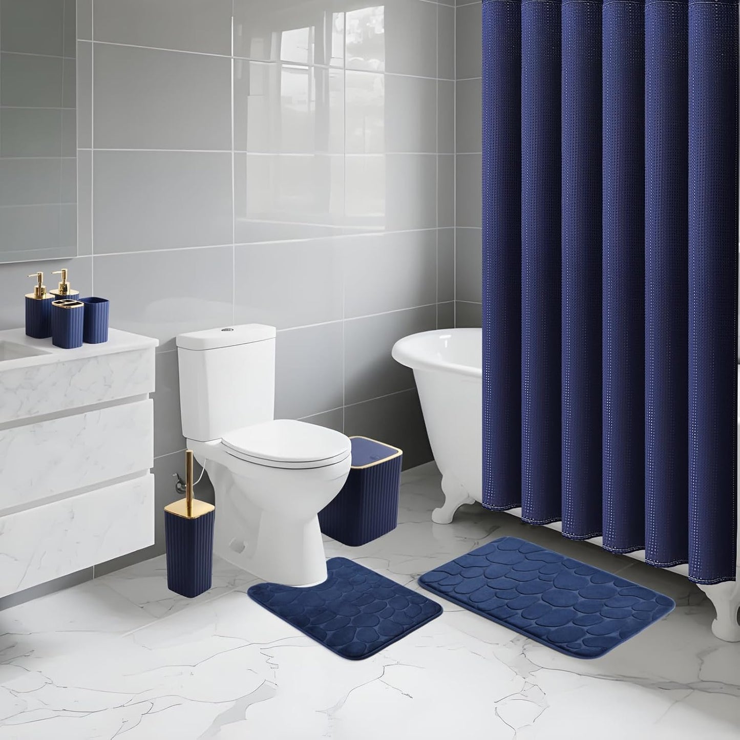 Bathroom Set with Shower Curtain and Rugs- 25PC Blue Bathroom Accessory Set, Navy Blue Shower Curtain Set, Toilet Brush, Trash Can, Qtip Holder Dispenser & Soap Dispenser