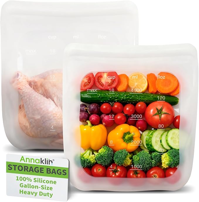100% Silicone Gallon Freezer Bags, Extra Large Reusable 1 Gallon Silicone Storage Bags Stand-Up Zip-Lock Leakproof for Bulk Food & Large Portions, Freezer Microwave Sous Vide Dishwasher Safe, 2 Pack