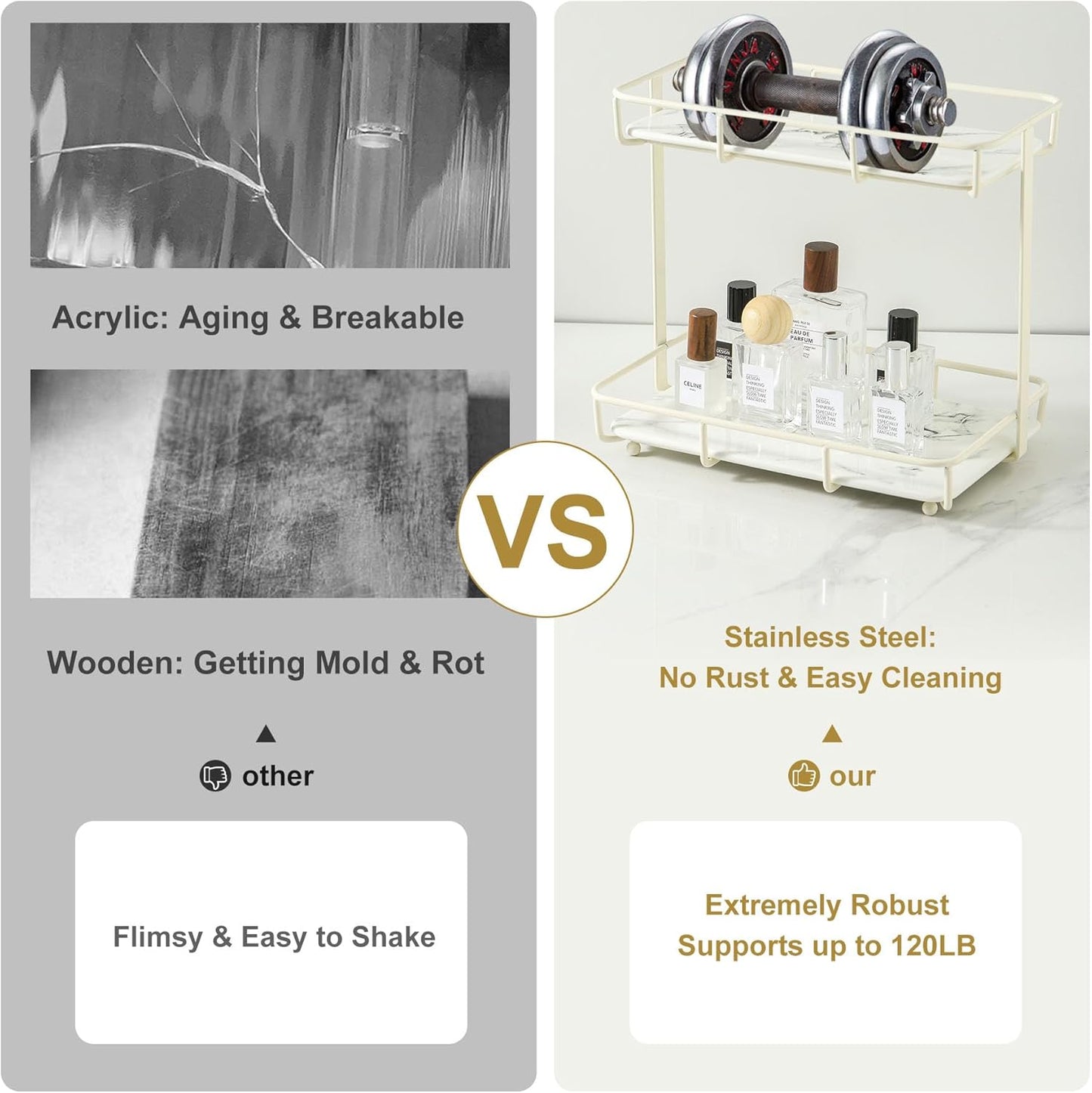 Bathroom Organizer Countertop Perfume Organizer Makeup Organizer Cosmetics Storage Display Rack Vanity Tray Dresser Stainless Steel Gold Shelf White Marble Ceramic Tray (2 Tier L-Cream)