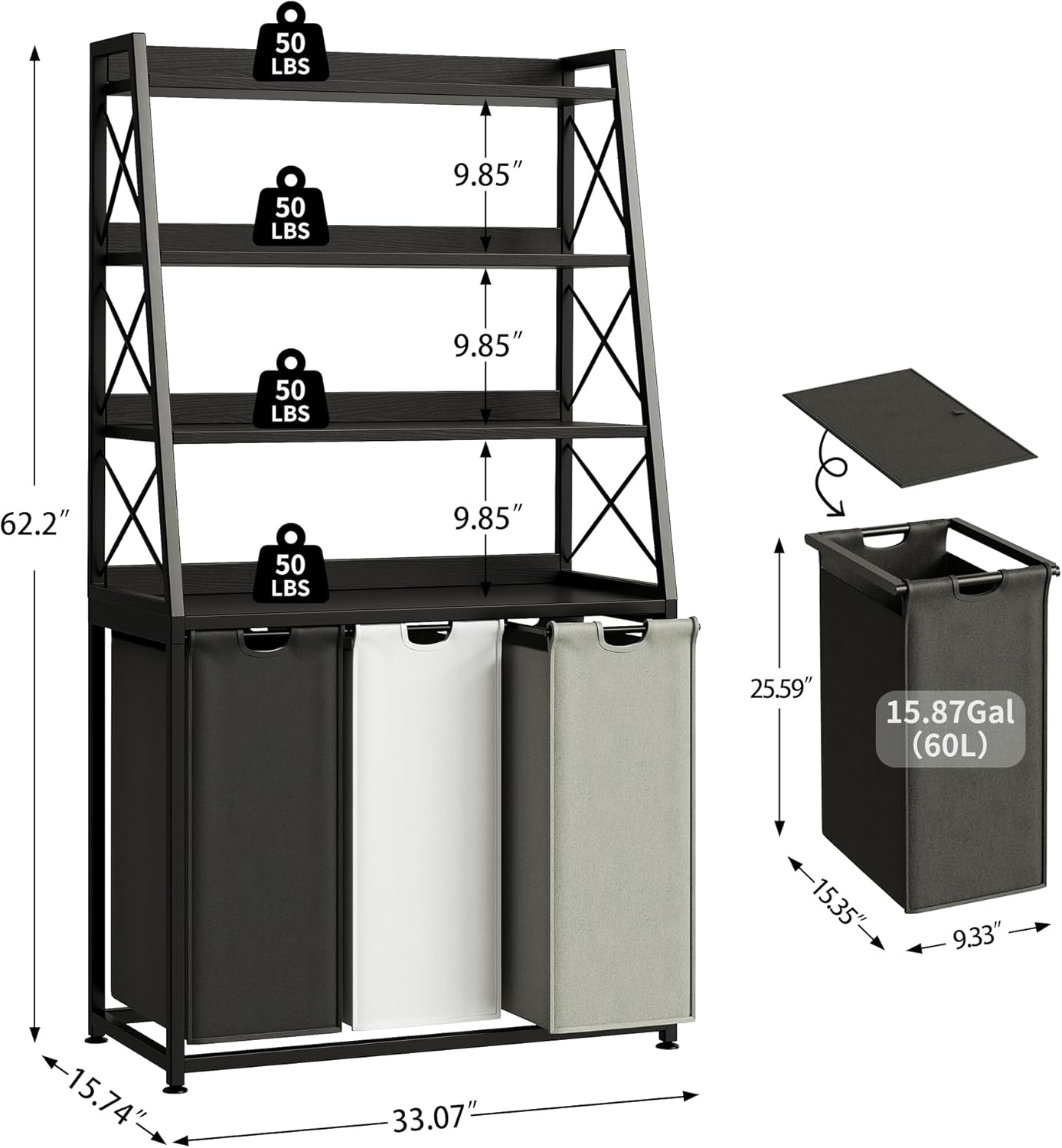 Laundry Basket, 3 Section Laundry Hamper with 4 Tiers Shelf, Pull-Out and Removable Laundry Bags, Large 3 x 15.87 Gallons, for Laundry Room Bathroom Black PF05XLK