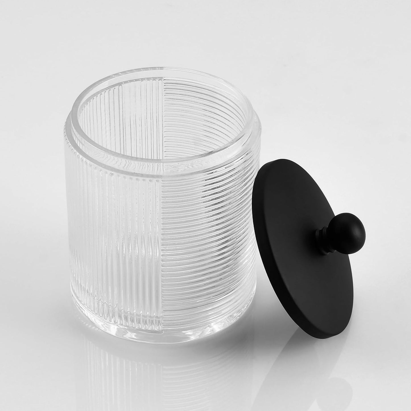 Clear Transparent Apothecary Ribbed Geometric Etched Glass Jar W/Matte Black Metal Lid Cover for Bathroom Organization, Cotton Balls, Q Tips, and Small Accessories, Bathroom Storage
