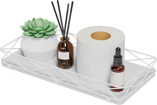 Toilet Paper Basket Holder, 13" Bathroom Tray Countertop, Wood and Metal Toilet Tank Tray Bathroom Vanity Organizer for Toiletry, Kitchen Sink Organizer for Soap Dispenser (White)