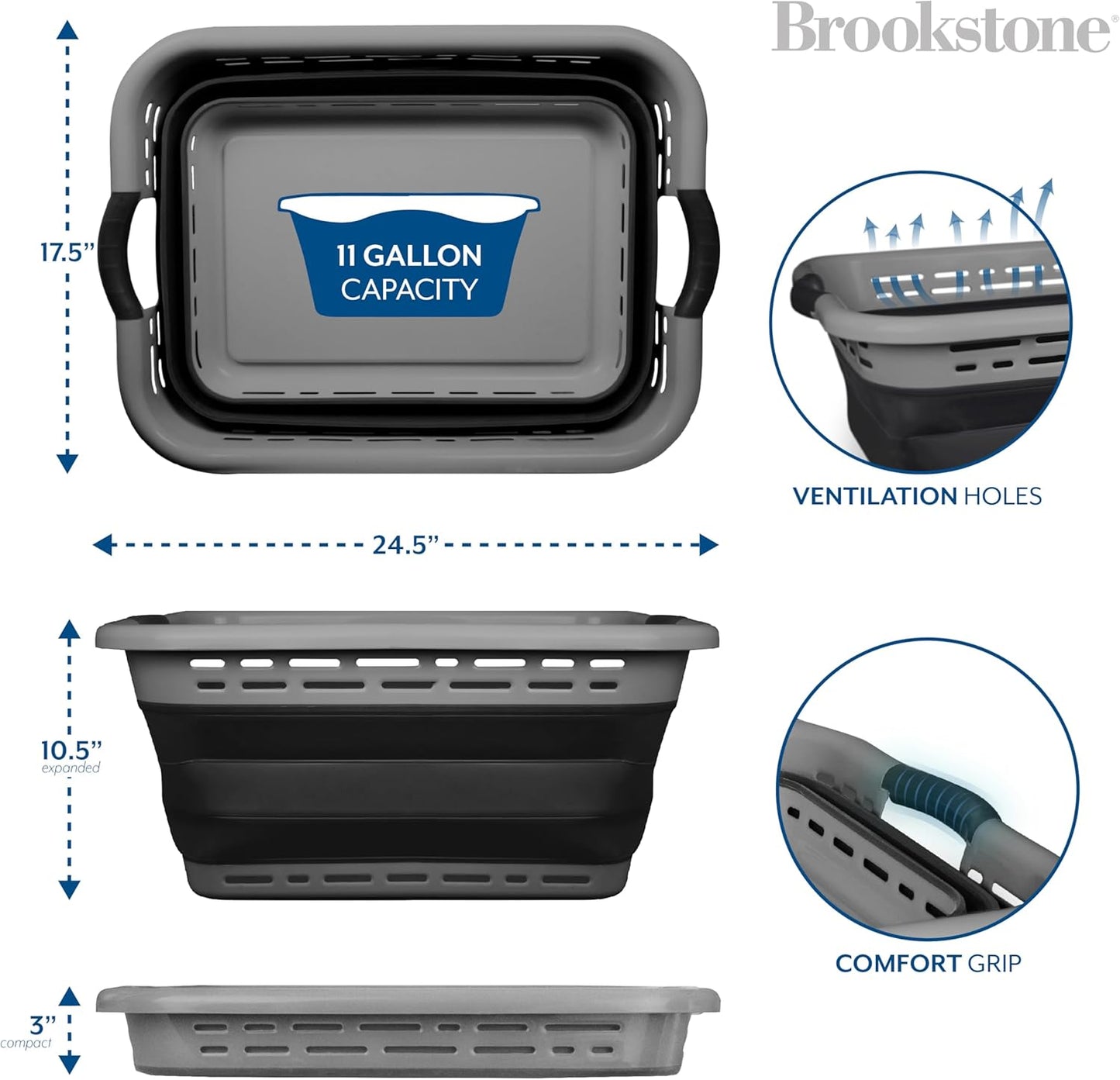 BROOKSTONE, 11 GALLONS - [OUR LARGEST BASKET EVER] 24" Collapsible Laundry Basket, Comfort Non-Slip Grip Handles, Minimalist Space Saving Design, Portable Pop-Up Hamper, [BPA FREE] Dark Grey