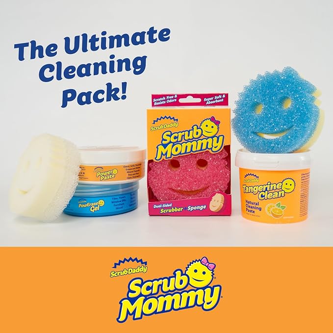 Scrub Daddy Sponges + Household Cleaning Supplies Bundle - PowerPaste Cleaning Putty, Tangerine Clean, PowErase Gel All Purpose Cleaner & Scrub Mommy (3 Pastes & 3 Sponges)
