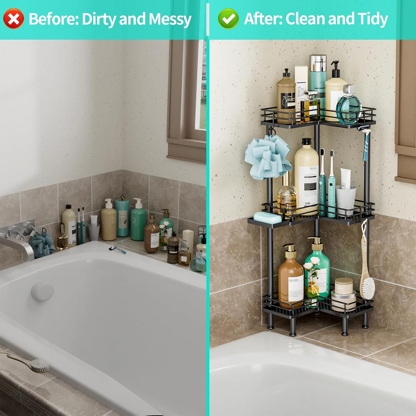 HapiRm Corner Shower Caddy Standing - 3 Tier Shower Organizer Corner with Soap Holder, Rustproof Bathroom Standing Organizer with 4 Hooks, Black