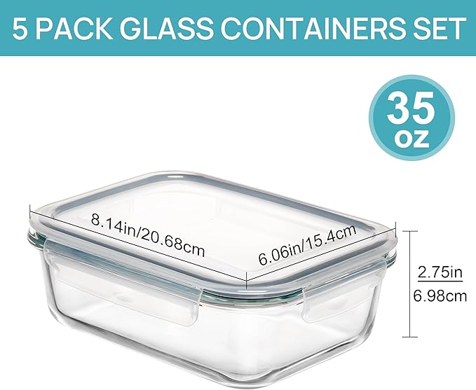 Vtopmart Glass Storage Containers with Lids, Meal Prep Food Container Sets, Lunch Box with Snap Airtight Lid for Microwave, Oven, Freezer and Dishwasher (5pack 36oz)