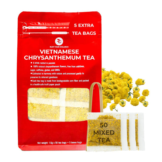 INJOY YOUR VITALGRI:N Vietnamese Chrysanthemum Tea - 55 Count (+5 Tea Bags) Bamboo Tong Included - 4.23 oz, Re-Steep Chrysanthemum Floral Scent Herbal Tea for Detox, Sleep, Relax Support, Daisy