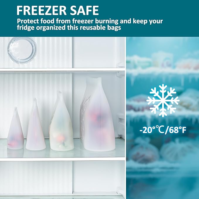 8-Pack Reusable Silicone Food Storage Bags, 100% Silicone Stand-Up Wide-Open Zip-Lock Reusable Storage Bags for Food, Freezer Microwave Oven Dishwasher Safe, Translucent, 2XL(0.8 Gallon) 2L 2M 2S