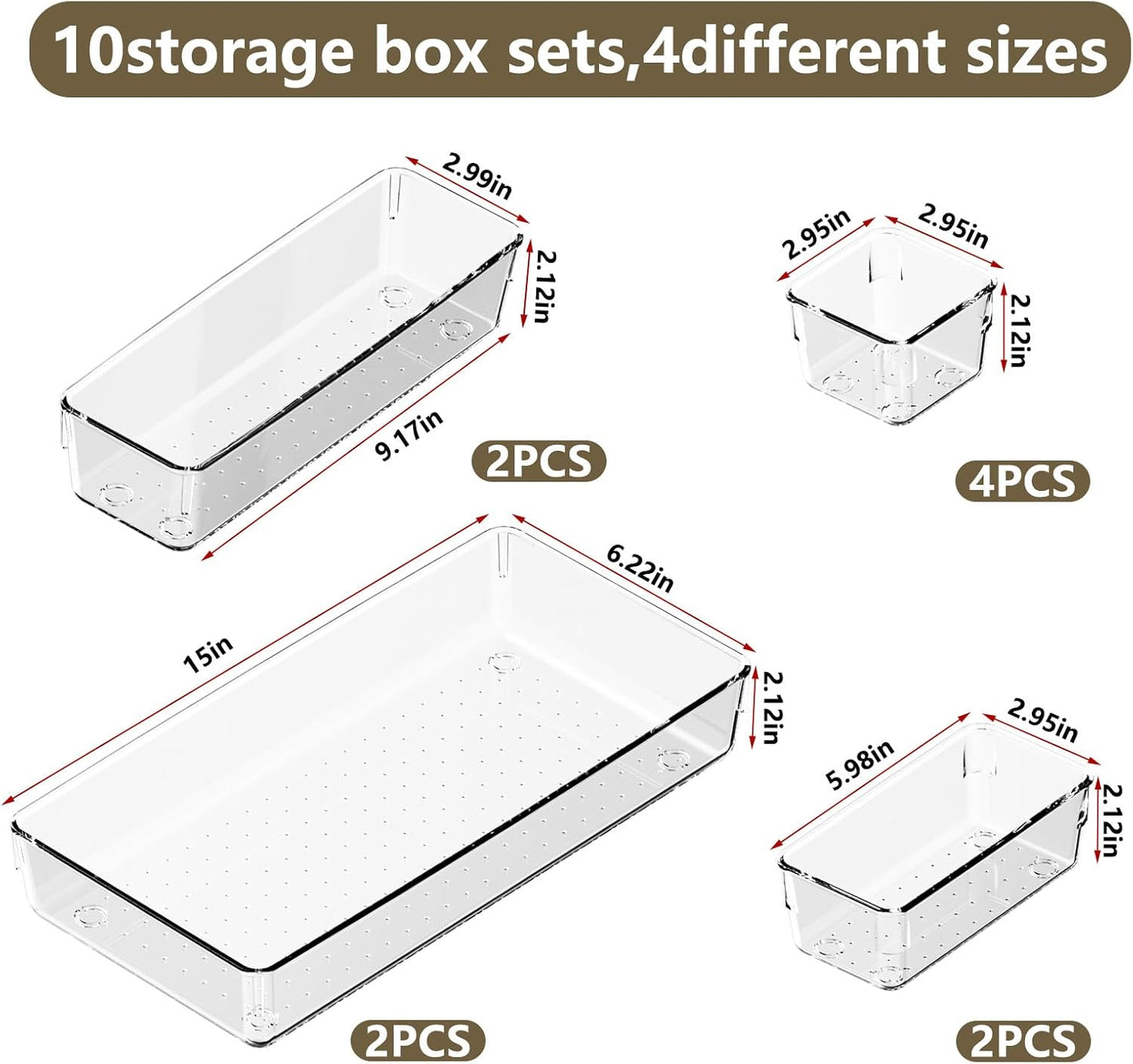 10 PCS Clear Plastic Drawer Organizer Set, 4 Sizes Acrylic Drawer Storage Trays Non Slip Storage Bins for Makeup, Jewelry, Gadgets for Kitchen, Bedroom, Bathroom, Office