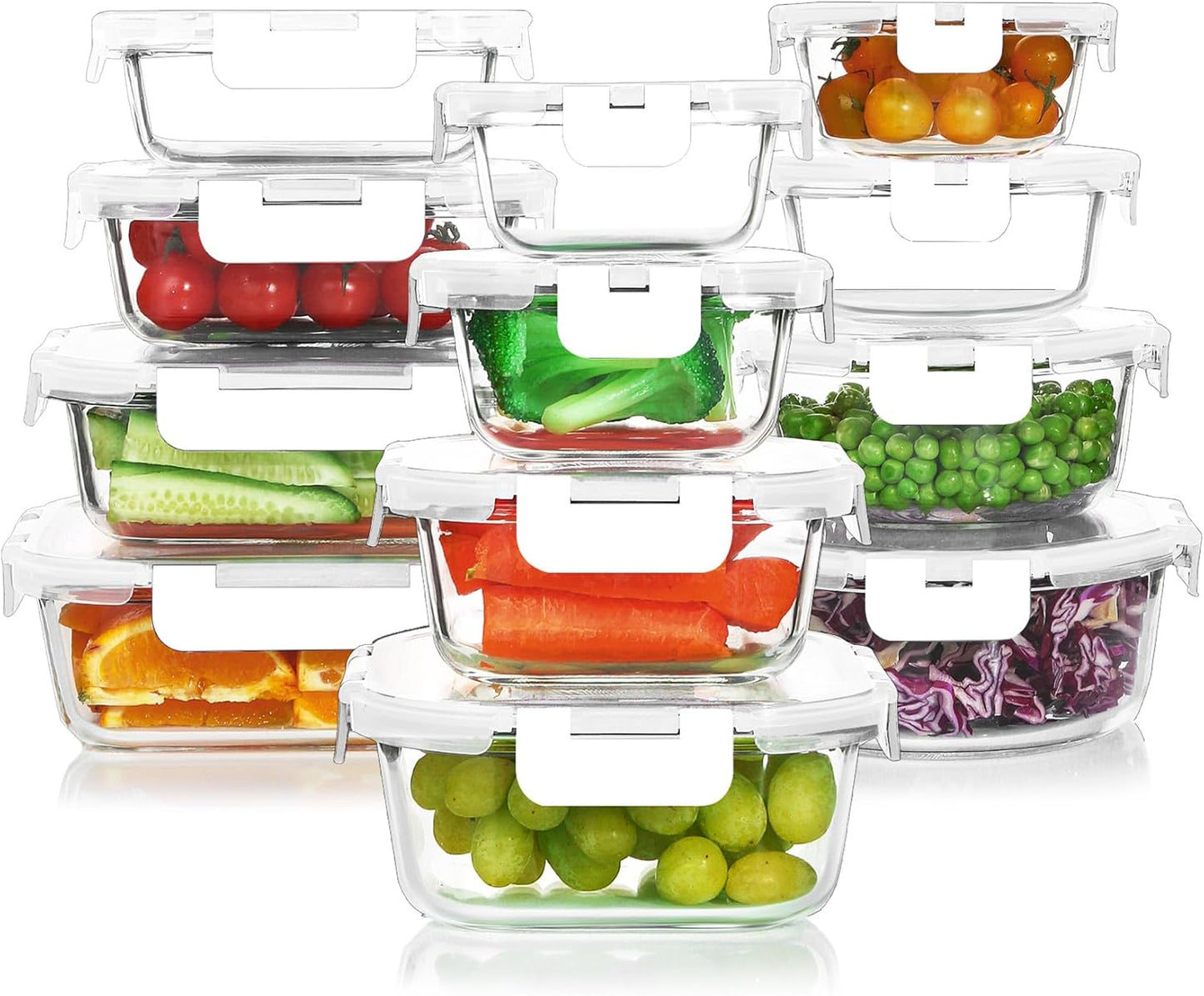 KOMUEE 24 Pieces Glass Food Storage Containers Set,Glass Meal Prep Containers-Stackable Airtight Glass Storage Containers with lids,Freezer, Microwave, Oven Safe,White