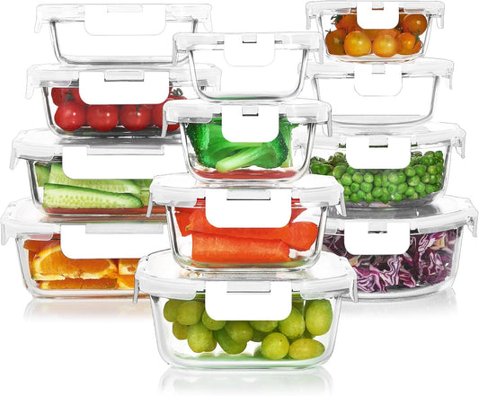 KOMUEE 24 Pieces Glass Food Storage Containers Set,Glass Meal Prep Containers-Stackable Airtight Glass Storage Containers with lids,Freezer, Microwave, Oven Safe,White