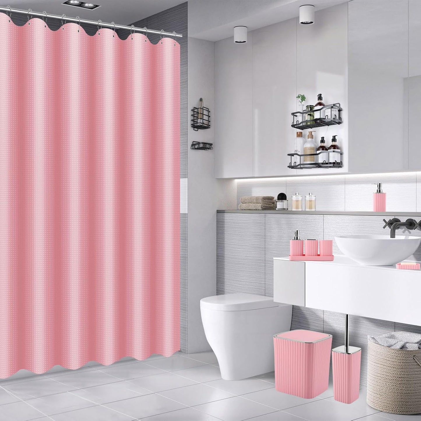28PC Bathroom Set - Gorgeous Pink Bathroom Set, Bathroom Accessory Set, Pink Shower Curtain Set with 5PC Shower Caddies