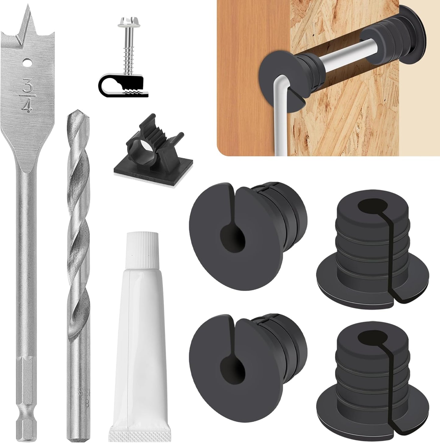 Starlink Cable Grommet Routing Kit for 3/4 inch Wall Hole, 4PCS Wall Grommets Accessories Including 3/4" Spade Drill Bit, Drill bit, and 40 Wall Wire Clips