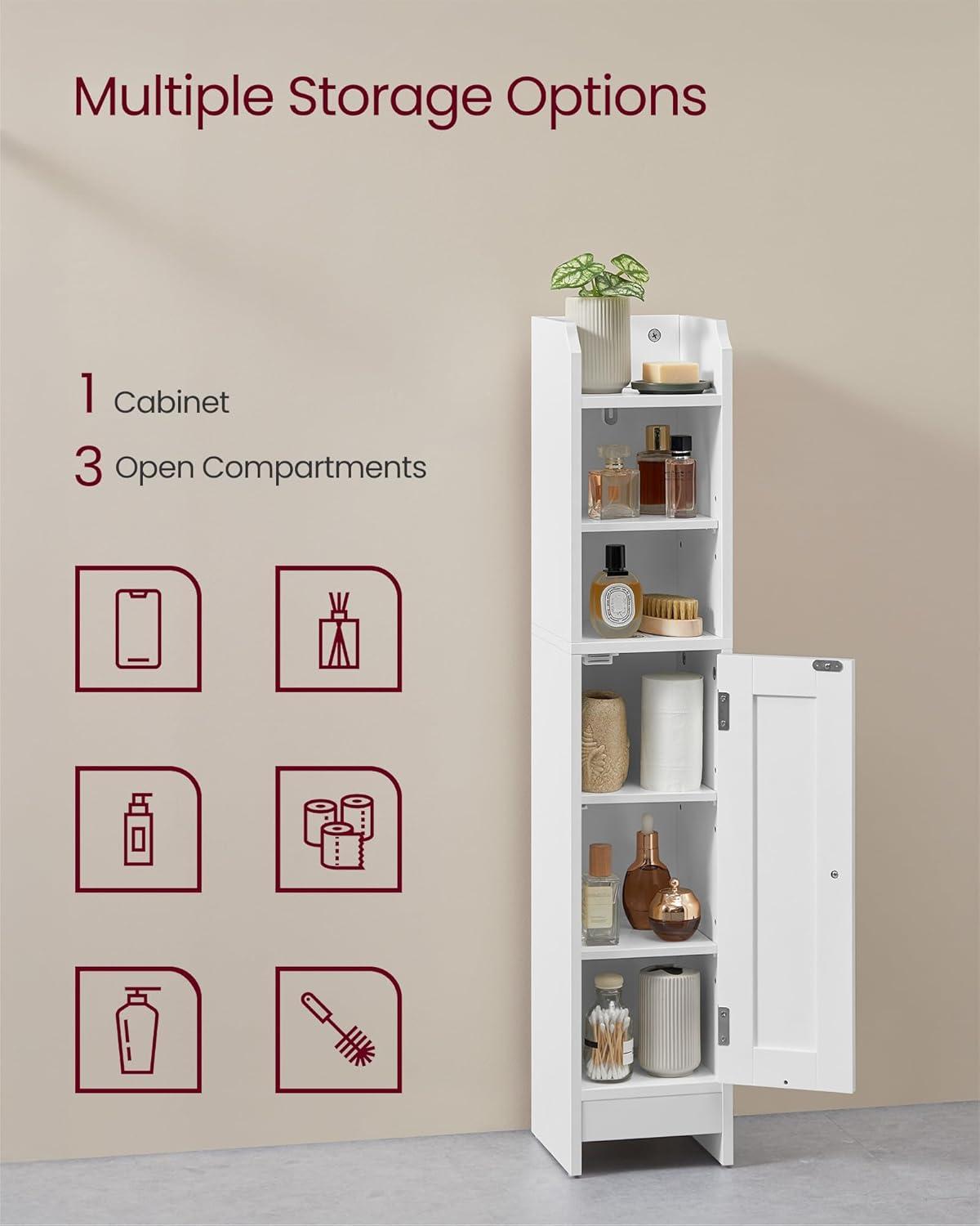 VASAGLE Small Storage Corner Floor Cabinet with Door, 7.9 x 7.1 x 36.2 Inches, Narrow Toilet Paper Storage Holder, Adjustable Shelves, for Bathroom, Living Room, Small Spaces, Cloud White UBBC311W01