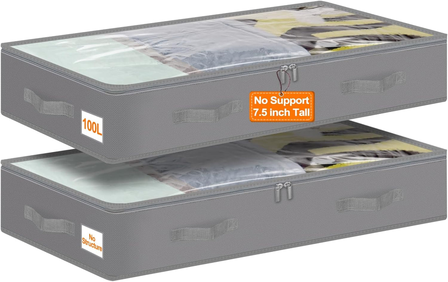 punemi Under Bed Storage Containers with Lid, 2 Pack Large Soft Foldable Storage Bags for Clothes, Coats, Sweaters, Blankets, Water-Resistant Inner Layer, 20x40x7.5 in, Perfect for Apartments and RV