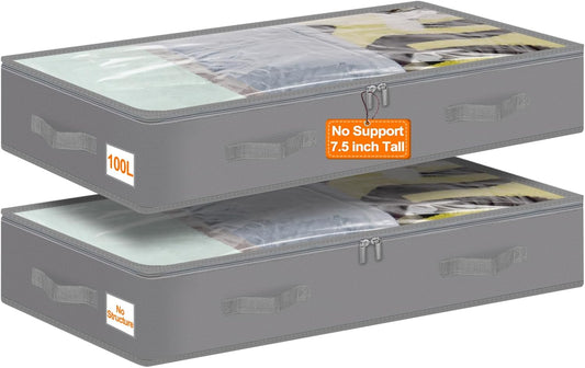 punemi Under Bed Storage Containers with Lid, 2 Pack Large Soft Foldable Storage Bags for Clothes, Coats, Sweaters, Blankets, Water-Resistant Inner Layer, 20x40x7.5 in, Perfect for Apartments and RV