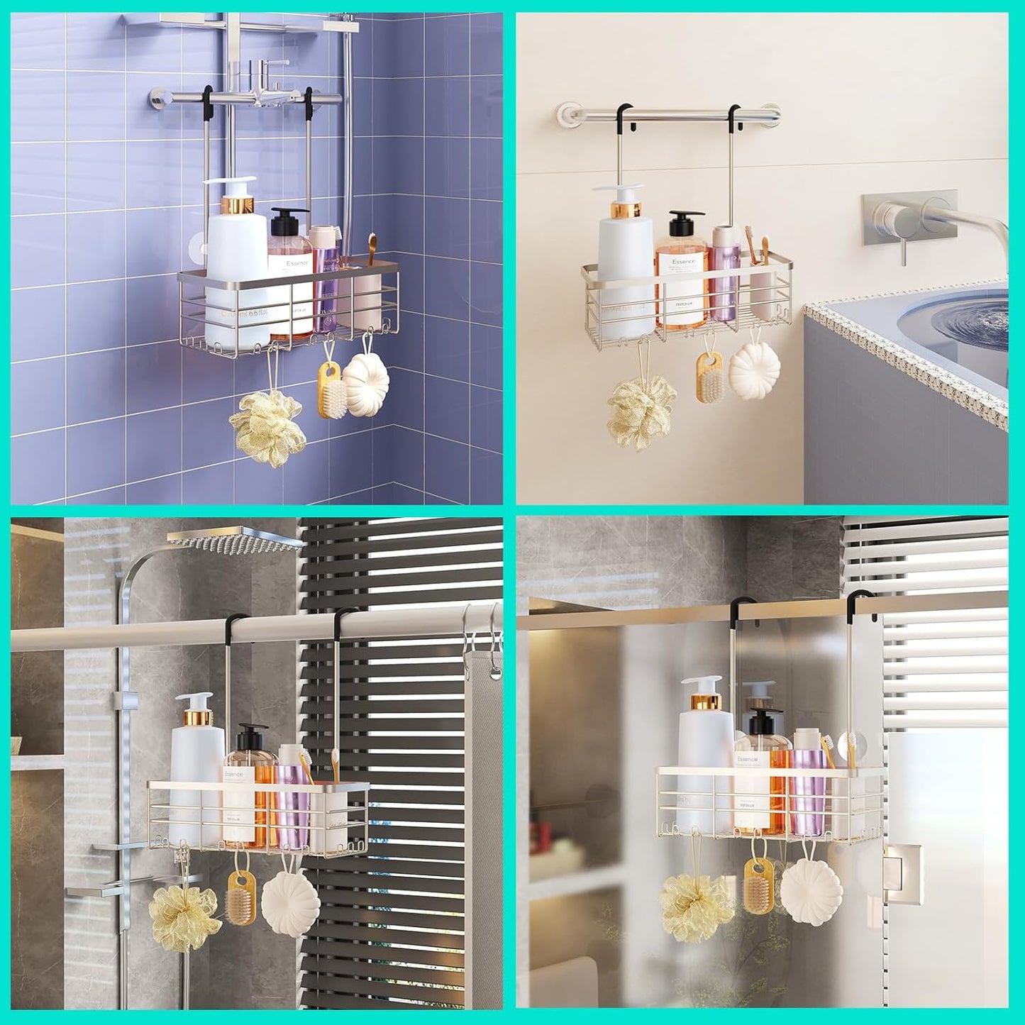 HapiRm Hanging Shower Caddy Organizer - No Drilling Shower Organizer with Hooks, Rustproof & Waterproof 304 Stainless Steel Bathroom Shelves - Brushed Nickel (1 Basket)