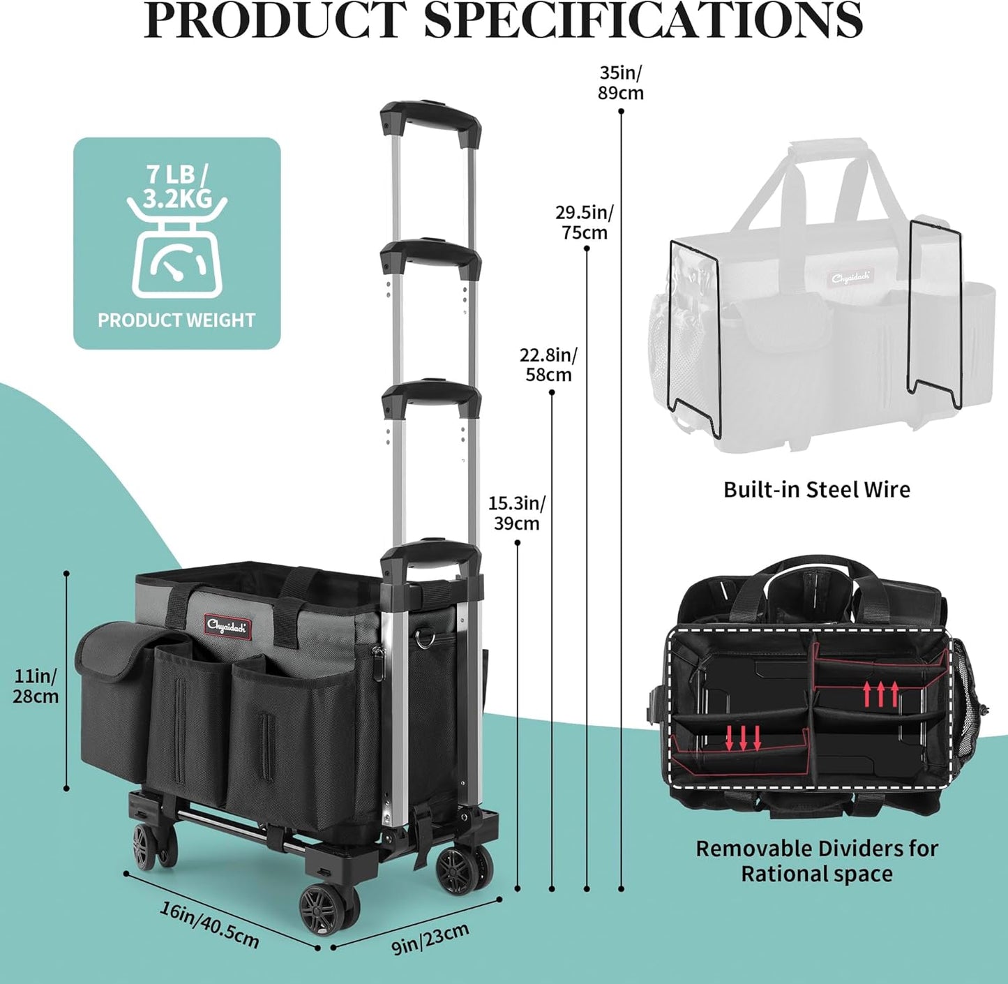 Rolling Cleaning Caddy, Cleaning Supplies Organizer with Trolley, Wearable Cleaning Tote Bag on Wheels with Hard Bottom, Cleaning Carts for Housekeepers/Home/Car/Office/Picnic (Grey)