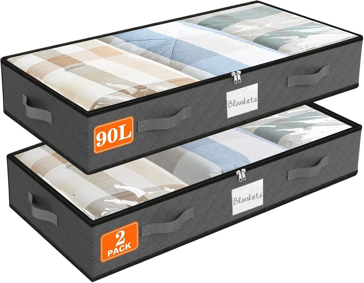 SpaceWhisper 90L Under Bed Storage Containers, 2-Pack Storage Bins with Clear Top, Foldable Closet Organizers and Storage with Label Holder for Clothing, Blankets, Comforter & Pillows (Grey)