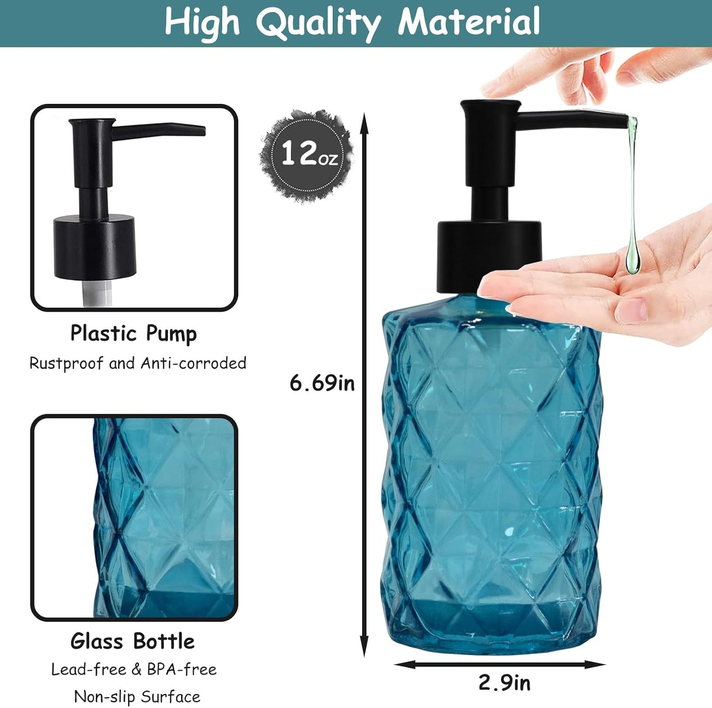 Blue Glass Soap Dispenser with Black Plastic Pump, 12oz Refillable Liquid Hand Soap Dispenser, 2 Pack Crystal Lotion Bottle for Modern Home Decor, Bathroom, Kitchen Countertop, Hotel
