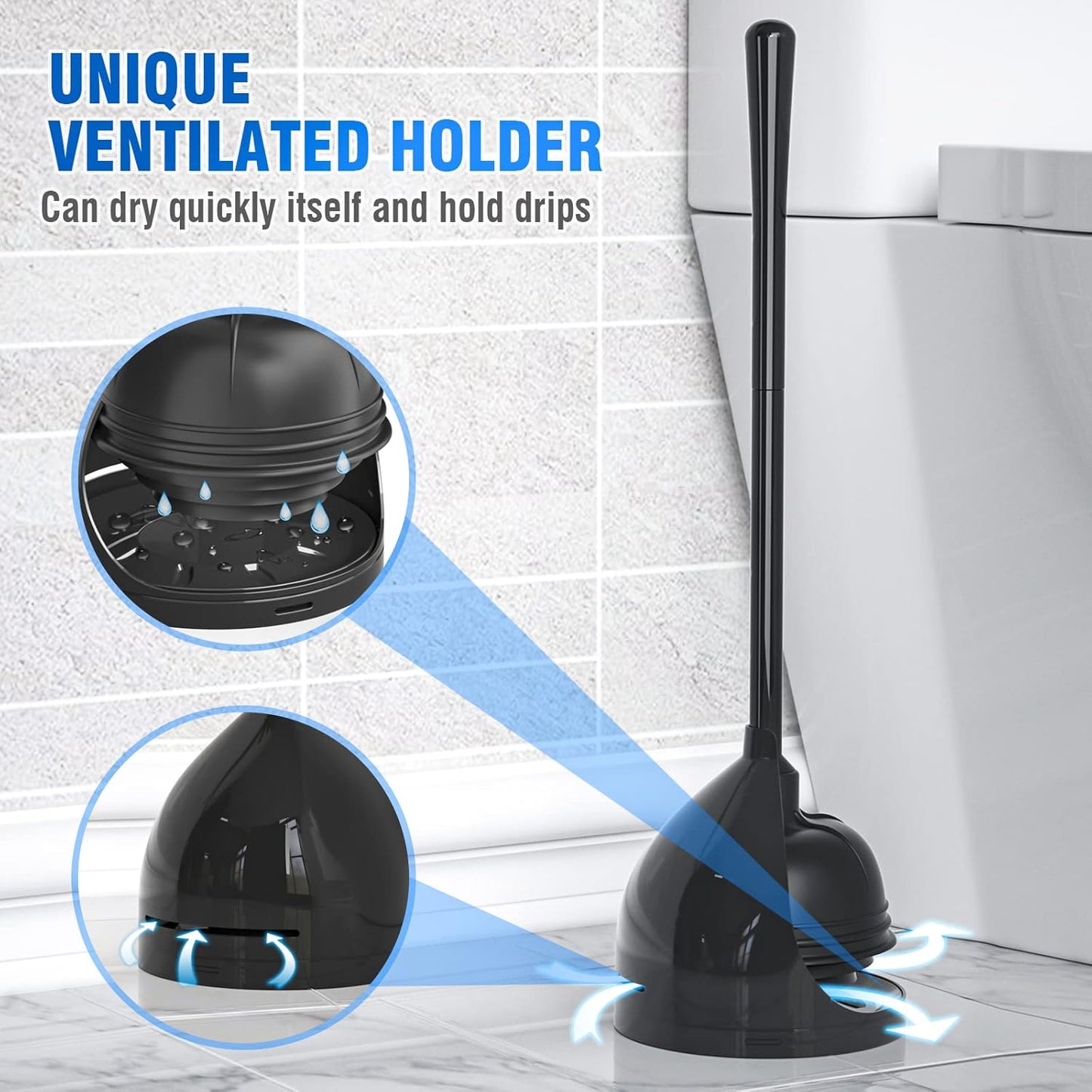 uptronic 2 Pack Toilet Plunger with Holder, Unique Plunger with All-Angle Design, Plungers for Bathroom for 5.7-inch Toilet Drain, Toilet Plunger Heavy Duty-Black