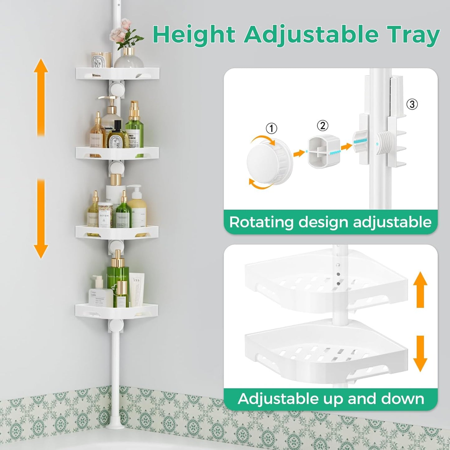 4-Tier Corner Shower Caddy Tension Pole Organizer - Adjustable Rustproof Metal Tension Pole, Plastic Shelves with Safety Guardrail, Bathroom Storage for Shower & Bathtub(White)