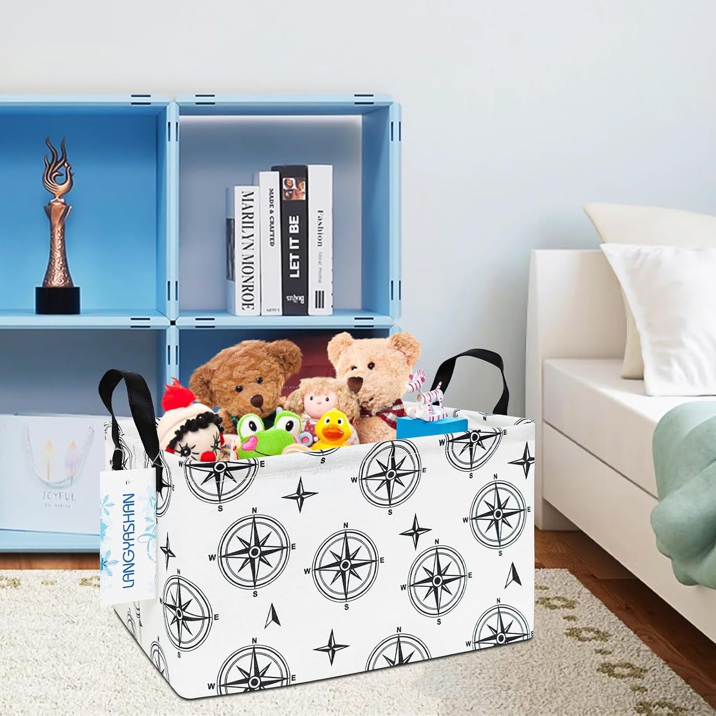 LANGYASHAN Rectangular Storage Bin Collapse Canvas Fabric Cartoon Storage Basket with Handles for Organizing Home Kitchen Boys and Girls Toys Office Closet Shelf Baskets (Rec Black Compass)