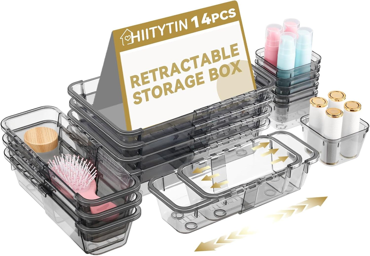 14 Pcs Adjustable Clear Drawer Organizer, Extendable Vanity Storage Bins, Desk Drawer Organizer Set for Makeup, Cosmetics, Bedroom, and Gadgets, Black