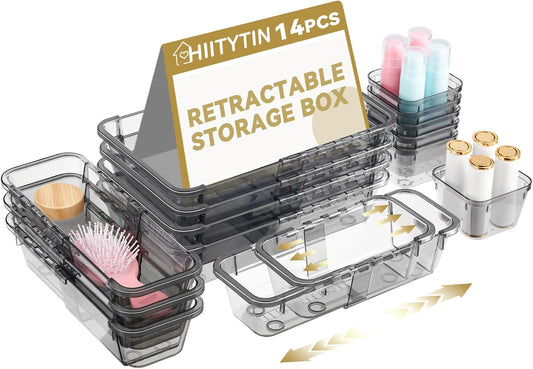 14 Pcs Adjustable Clear Drawer Organizer, Extendable Vanity Storage Bins, Desk Drawer Organizer Set for Makeup, Cosmetics, Bedroom, and Gadgets, Black