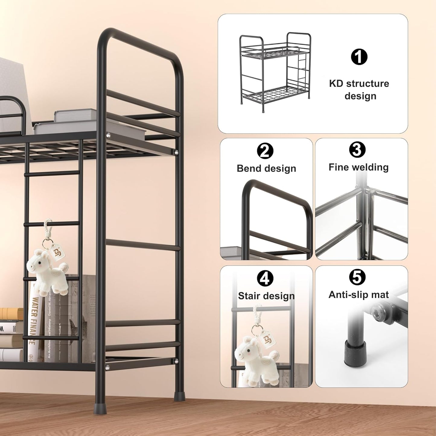 Desk Organizer Storage and Frees Up The Space of The Desk, Metal Small Bookshelf with Bunk Bed Design,Small Desk Organizer in 9x2.5x17.7 Inch