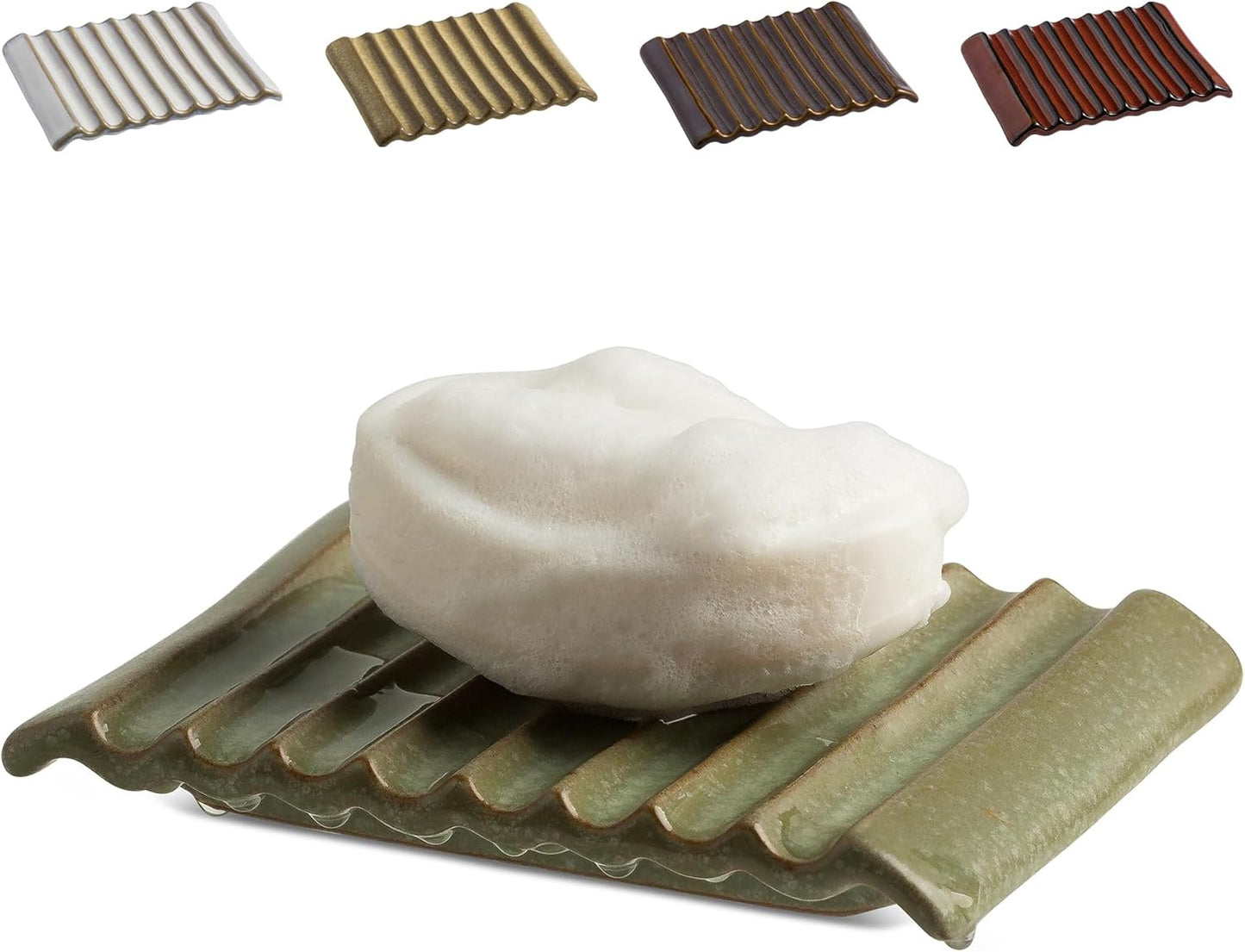 Soap Dish, Ceramic Soap Holder Bar Soap Saver Non-Slip Bathroom Accessories for Sponges, Scrubber, Razor, Green