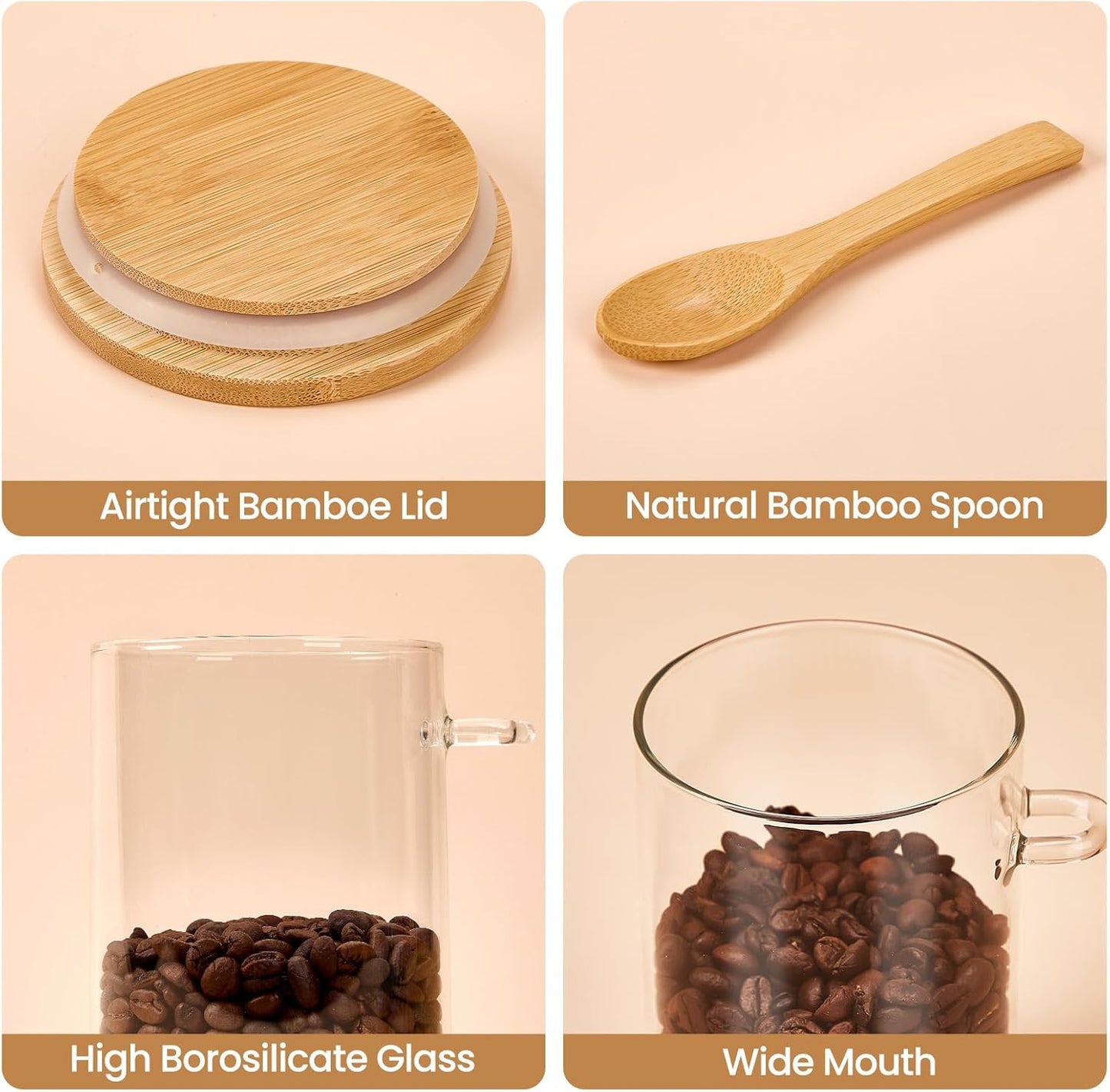 6 Pack Overnight Oats Containers with Bamboo Lids and Spoons - 22 oz Airtight Glass Jars with Lid, Meal Prep Jars for Chia Pudding, Yogurt, Salad, Cereal, Coffee, Flour | Food Storage Canister