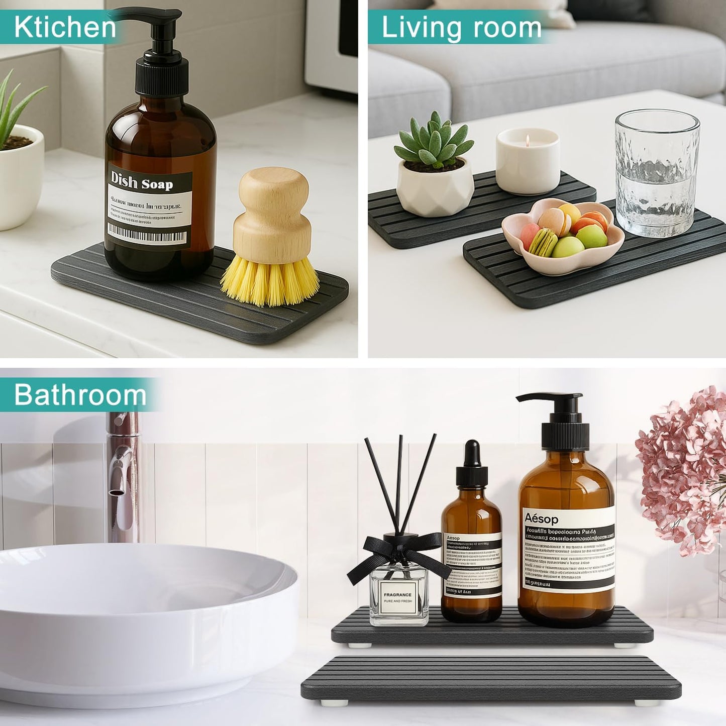 Diatomite Stone Sink Tray Drying Mat for Kitchen Sink Bathroom Counter Trays Diatomaceous Earth Dish Water Absorbing Stone Quick Dry Soap Tray Dispenser Holder Black Bathroom Decor Accessories